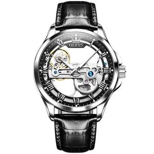 OLEVS Skeleton Watches for Men Automatic Self Winding Mechanical Luxury Leather